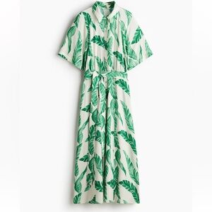 H&M Tie Belt Shirt Dress white green plants tropical summer
